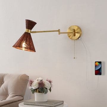 Lily 25" 1-Light Mid-Century Vintage Retro Rattan/Metal USB Charging Swing Arm LED Sconce with Pull Chain - JONATHAN Y
